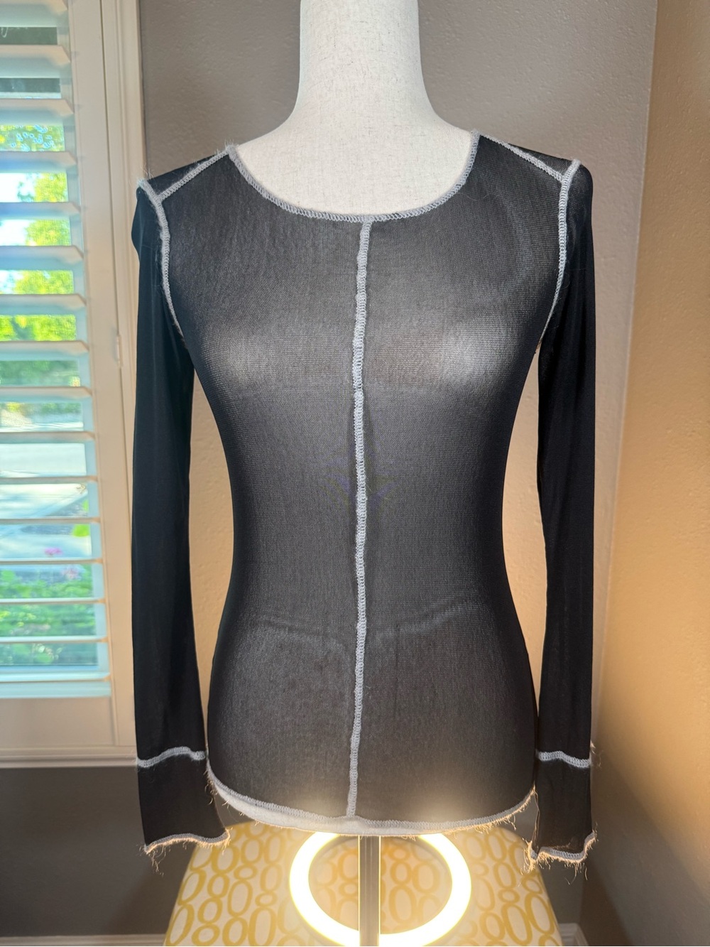 Promod Black Sheer Long-Sleeve Top with Contrast Seams